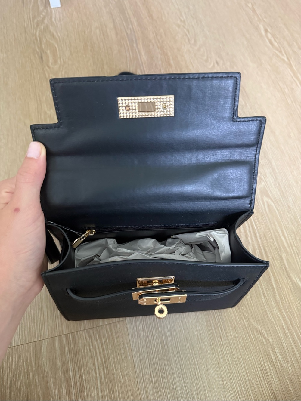 Black Top-Handle Crossbody Bag with Gold Hardware - Picture 3 of 3